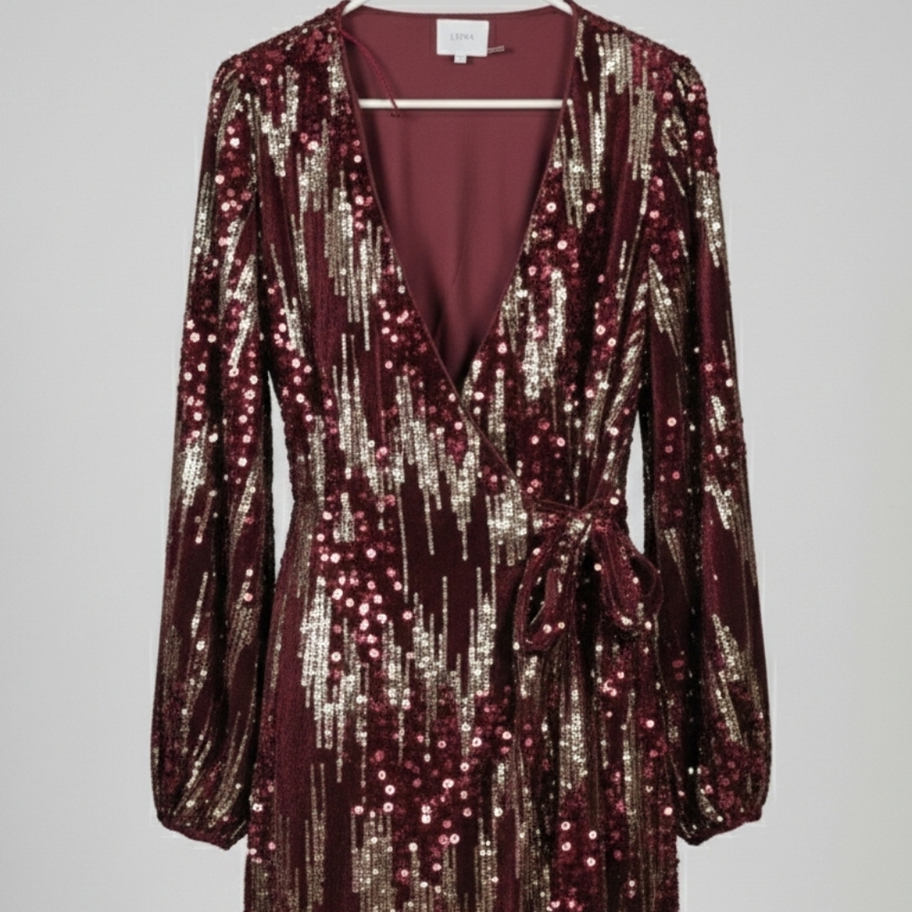 [[Lena]] Elegant Burgundy Sequin Velvet Wrap Dress